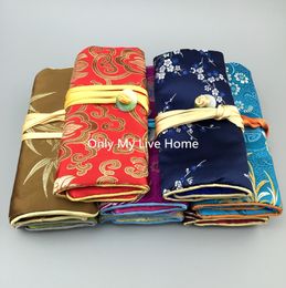 Jade Travel Jewelry Roll Packaging Bag Silk brocade 3 Zipper Pouch Drawstring Bag Cotton filled Folding Makeup Bag Women Gift