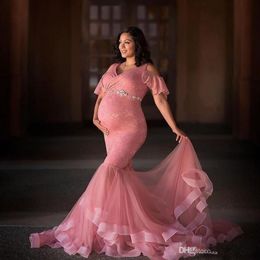 New Designer Dusty Pink Maternity Prom Dresses For Pregnant Women V Neck Lace Evening Gowns With Beading Sash Formal Party Dress