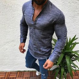 2019 New Style Men V-Neck Slim Shirt Autumn Casual Button Linen Shirt Formal Pure Color Half Open Plus Size Pullovers