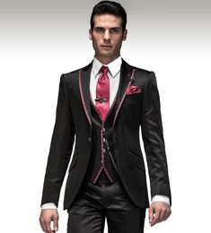 Slim Fit One Button Black Wedding Groom Tuxedos Peak Lapel Groomsmen Men Suits Prom Blazer (Jacket+Pants+Vest+Tie) NO:1950