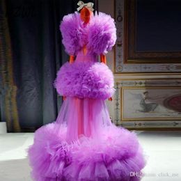 Purple Elegant Sexy Evening Dresses Tutu Ruffles Tiered See Through Illusion Deep V Neck vestidos de fiesta largos Duai Prom Dress Gowns