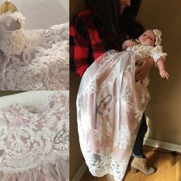 Hot Sale Blush Christening Gowns For Baby Girls Jewel Neck Lace Appliqued Baptism Dresses First Communication Dress With Bonnet