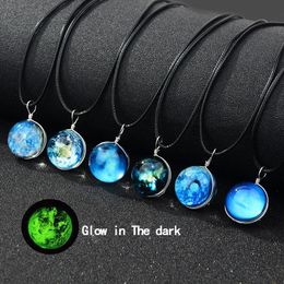 Hot Luminous Galaxy Universe Necklaces Glow in the dark Glass Cabochon Star Moon pendant Black wax rope chain For Women Men Fashion Jewellery