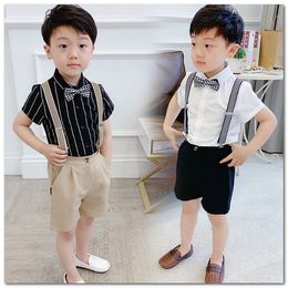 Summer Boys performance outfits kids Gentleman Clothing Sets short sleeve shirt+stripe suspender shorts+plaid Bows tie 3pcs sets Y217