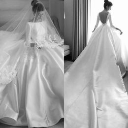 Satin Beach Wedding Dresses Vintage Bateau Low Back Sexy Royal Train Bridal Gowns A Line Long Sleeves Wedding Dress Plus Size