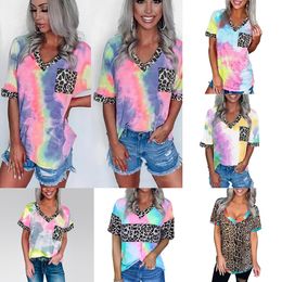 6 Colours Women Tie Dye Gradient Rainbow Short Sleeved T Shirt Leopard Splicing V Neck Casual Tunic Tops with Pocket M2135