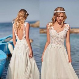 Simple Bohemian A Line Beach Wedding Dresses V Neck Backless Lace Appliques Floor Length Customize Cheap Bridal Gowns Plus Size
