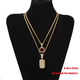 2pcs Sets Pendant Black/Red/Blue Mini Round Gemstone Big Rhinestones Dog Tag Cuban Chain Two Necklace Men Women HipHop Jewelry 2 Necklaces