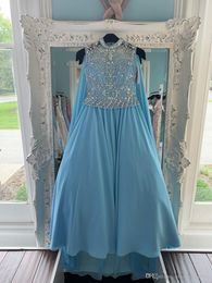 pageant dresses capes Australia - Blue Chiffon Pageant Dresses With Cape for Teens 2019 with Wrap Bling Rhinestones Long Pageant Gowns for Little Girls Formal Party rosie