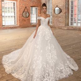 Graceful Sequined Lace Wedding Dresses Off The Shoulder Neck Beaded Bridal Gowns A Line Sweep Train Tulle robe de mariée