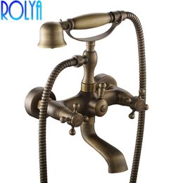 ROLYA Antique Brass Clawfoot Tub Filler Bath & Shower Mixer Tap Traditional Wall Mounted Bathtub Faucet