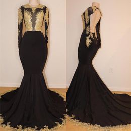 Gorgeous Long Sleeve Black Prom Dresses Mermaid 2022 Lace Appliques Long Evening Gowns Jewel Neck robe de mariée Party Dress