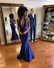 Deep V-neck Mermaid Prom Dresses 2019 Sexy Backless Dress Evening Wear Formal Long Sweep Train Royal Blue Special Occasion Gowns