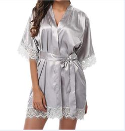 Grey Women Silk Robes transparency plain Colour Sleepwear Silk Robe Bath Gown Sleepwear Nightwear Bath Sleep Robes Dress