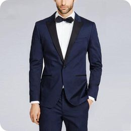 Latest Design One Button Navy Blue Groom Tuxedos Peak Lapel Men Suits 2 pieces Wedding/Prom/Dinner Blazer (Jacket+Pants+Tie) W727