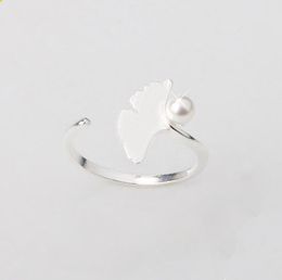 Antique Silver ginkgo leaf Plant Opening Finger ring for Women lady Elegant Wedding rings Imitation Pearl Lovely Gift