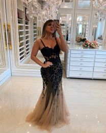 Black Spaghetti Straps Evening Dresses Lace Appliques Mermaid Champage Tulle Formal Occasion Prom Party Gown Custom Made Hot Sale