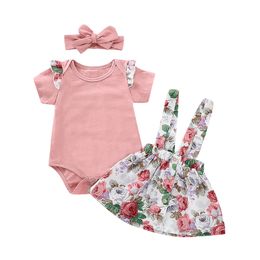 Baby girls suspender Skirt outfits romper tops+Floral print strap dress with headband 3pcs/set 2019 summer fashion kids Clothing Sets C6245