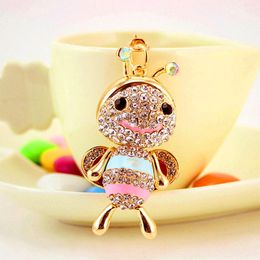 Fashion-Bee Pendant Keychain Alloy Drip Oil Gold Plated Metal Animal Lobster Clasp Car Key Ring Holder Women Bag Charm Accessories