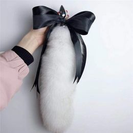 40cm/16" -Long Real Genuine Blue Fox Fur Tail Plug W Silk Metal Stainless Butt Toy Plug Insert Anal Sexy Stopper