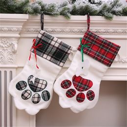 Pet Christmas Stocking Plaid Gift Sack for Cat Fireplace Xmas Tree Hanging Ornaments Pendant Dog Paw Stocking Santa Sack JK1910