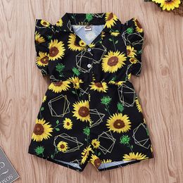 Baby Girl Rompers Sunflower Printed Toddler Jumpsuits Fly Sleeve Outfits Ruffled Infant Climbing Clothes Summer Flower Girls Clothing DW3815