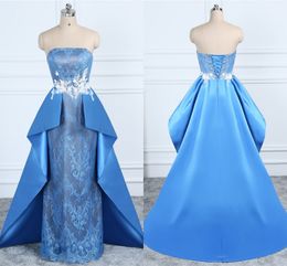 Sky Blue Lace Prom Dresses With Train 2019 Strapless Lace Hand Made Flowers Pearls Crystal Beaded Evening Gowns Dresses Evening Wear Formal