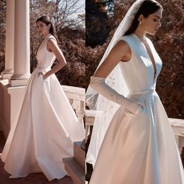 2022 A Line Wedding Dresses Deep V Neck Belt Button Custom made Wedding Gowns Sweep Train Vestidos De Novia