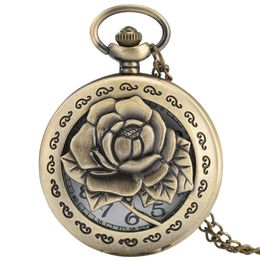 Classic Antique 3D Rose Design Pocket Watch Women Lady Quartz Watches Necklace Chain Engraved Flower Cover Gifts