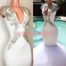 Gorgeous V-Neck Tulle Mermaid Prom Dresses With Beads Crystal Fitted African Arabia Plus Size Party Formal Gowns Vestido de fiesta Evening