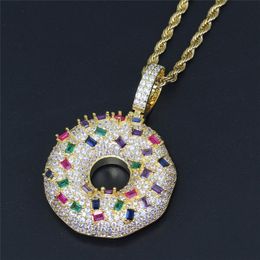 Personality Yellow Gold Plated Micro Praved Colourful CZ Douhnut Pendant Necklace with 60cm Rope Chain Hip Hop Jewellery