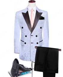 White Jacquard Mens Wedding Tuxedos Double-Breasted Groomsmen Tuxedos Popular Man Blazers Jacket Excellent 2Piece Suit(Jacket+Pants+Tie) 518