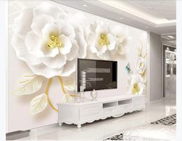 3D Customised large photo mural wallpaper 3D three-dimensional embossed Jewellery rose jade carving TV background wall painting