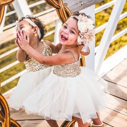 Ivory Tulle Gold Sequin Flower Girl Dress for Wedding Princess Girls Tutu Pageant Dress Teen Birthday Party Baby First Holy Communion Dress