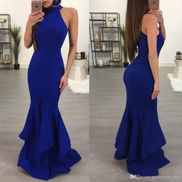 Elegant Royal Blue Cheap Simple Mermaid Evening Dresses Long Halter Neck Floor Length Formal Dress Evning Gowns robe de soiree Abendkleider
