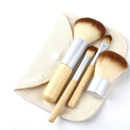 Portable Wooden Makeup Brushes 4Pcs Set Kit Hot Bamboo Elaborate Makeup brushTools With Packing Burlap Bag