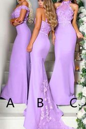 3D Hand Made Flowers Lilac Bridesmaid Dresses Long Mermaid Halter Top Wedding Guest Dress Party Dress Maid Of Honour Gowns Custom Made BD9008