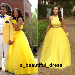 Two Pieces Evening Dresses high Neck beaded Sheer Tulle A Line Floor Length Sunflower yellow Formal Prom Party ED1269