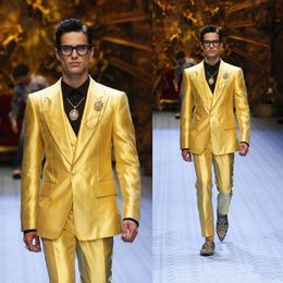 Fashion One Button Shiny Yellow Groom Tuxedos Peak Lapel Men Wedding Party Groomsmen 3 pieces Suits (Jacket+Pants+Vest+Tie) K63