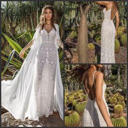 2019 Asaf Dadush Mermaid Wedding Dresses With Wrap Jacket Vintage crochet Lace Spaghetti Backless Beach Holiday Boho Trumpet Wedding Gown