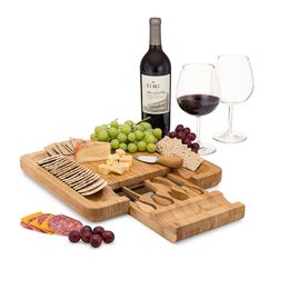Bamboo Cheese Board Set With Cutlery In Slide-Out Drawer Including 4 Stainless Steel Knife and Serving Utensils209u