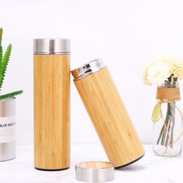 500ml Bamboo Water Bottle Stainless Steel Cup With Tea Infuser Strainer Vacuum Insulated Tumblers Wooden Straight Cups Car Cup NEW GGA2361