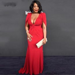 Plus Size Red Evening Gowns Mermaid Long with Cape Chiffon Cap Sleeve Deep V-Neck Formal Celebrity Dress Custom Made