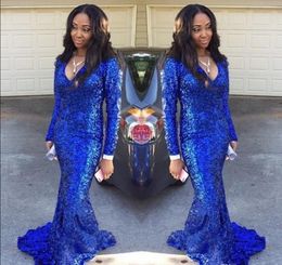 Bling Sexy Royal Blue Prom Dresses Mermaid V-Neck Long Sleeves Sequined Sweep Train Custom Made Plus Size Arabic Party Evening Gowns