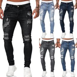 Men's Jeans 5 Colours Mens Ripped Distressed Hole High Street Classic Black Blue Grey Denim Pants Splice Slim Pencil
