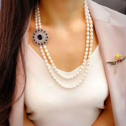 Women's Jewellery 8-9mm 70-80cm micro inlaid zircon blue accessories white rice freshwater pearl necklace