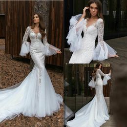 lace mermaid wedding dresses hot sell vneck long sleeves appliques lace custom made bridal gown sweep train vestidos de novia cheap