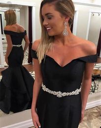 Black Mermaid Evening Dresses v neck 2020 Crystal belt Tiered Zipper Off Shoulder Satin Formal Gowns Prom Party Dress Vestidos De Festa