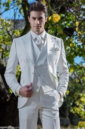 New Custom Design One Button White Wedding Groom Tuxedos Peak Lapel Groomsmen Mens Dinner Blazer Suits (Jacket+Pants+Vest+Tie) 505