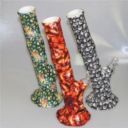 Water Transfer Printing Silicone Water Pipe hookah Unbreakable Dab Rig bong With glass downstem and bowl Silicon Jar Container